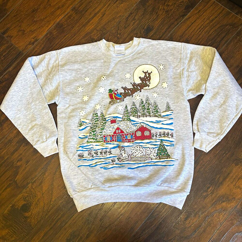 Hanes Unisex Crewneck Pullover Sweatshirt Gray Santa Puff Print Christmas Small